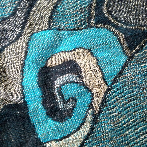 Cashmere Scarf Woven Turquoise Blue Black Metallic Gold Design Fringe Artsy Wrap - Picture 13 of 16